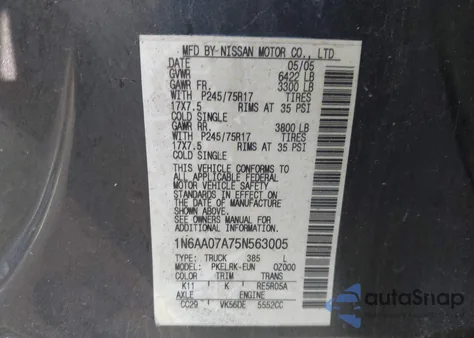 2005 Nissan Titan Xe из США, поврежденный, VIN 1N6AA07A75N563005